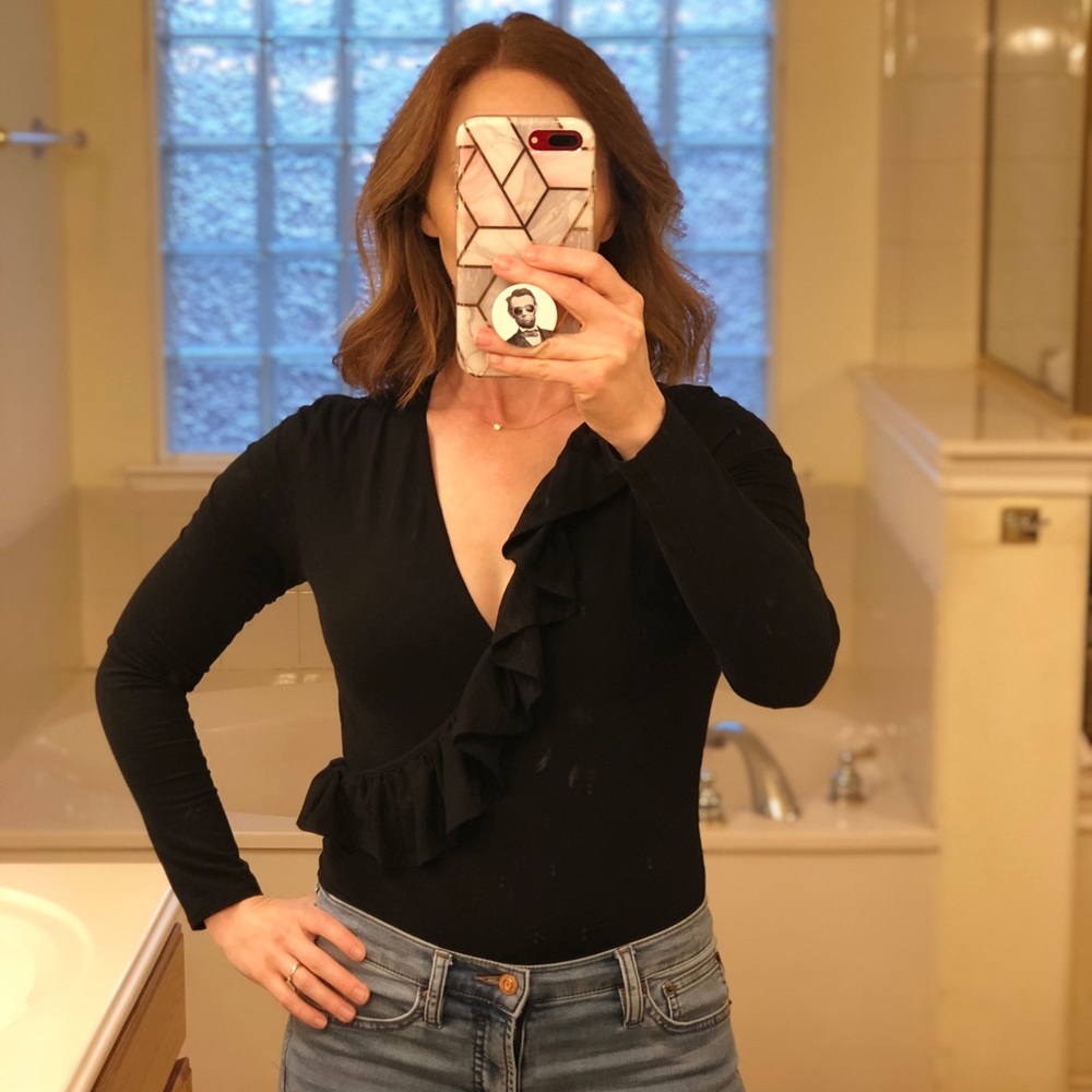 J. Crew Black Ruffle Front Bodysuit